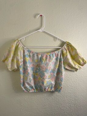 Pastel Floral Off-Shoulder Puff Sleeve Crop Top (made from vintage pillow cases)
